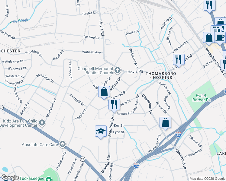 map of restaurants, bars, coffee shops, grocery stores, and more near 4420 Gum Street in Charlotte