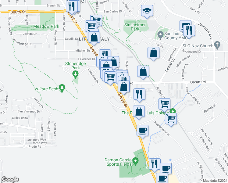 map of restaurants, bars, coffee shops, grocery stores, and more near 3249 Broad Street in San Luis Obispo