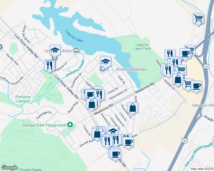 map of restaurants, bars, coffee shops, grocery stores, and more near 1222 West Newport Street in San Luis Obispo