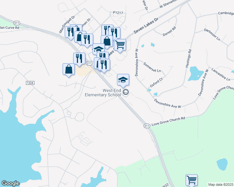 map of restaurants, bars, coffee shops, grocery stores, and more near 4483 North Carolina 211 in Seven Lakes