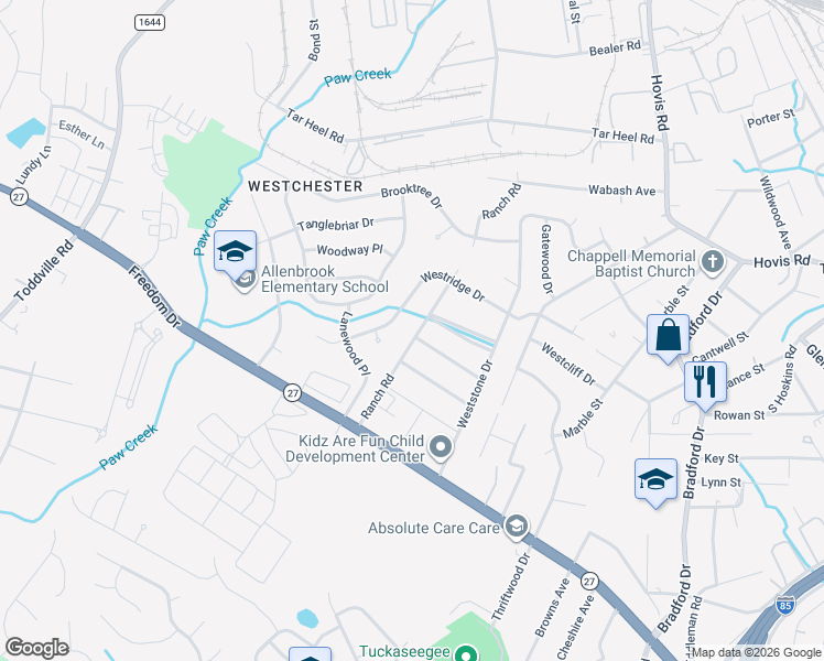 map of restaurants, bars, coffee shops, grocery stores, and more near 1324 Ranch Road in Charlotte
