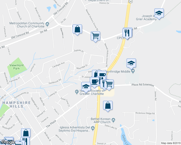 map of restaurants, bars, coffee shops, grocery stores, and more near 3030 Decapolis Drive in Charlotte