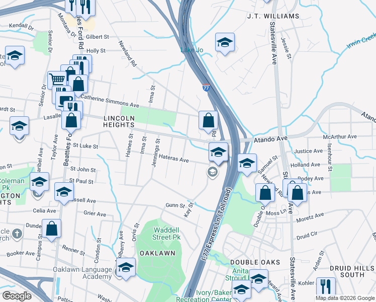 map of restaurants, bars, coffee shops, grocery stores, and more near 1919 Erie Street in Charlotte