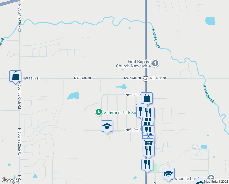 map of restaurants, bars, coffee shops, grocery stores, and more near 321 Northwest 14th Street in Newcastle