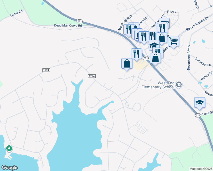 map of restaurants, bars, coffee shops, grocery stores, and more near 110 Wrentree Court in Seven Lakes