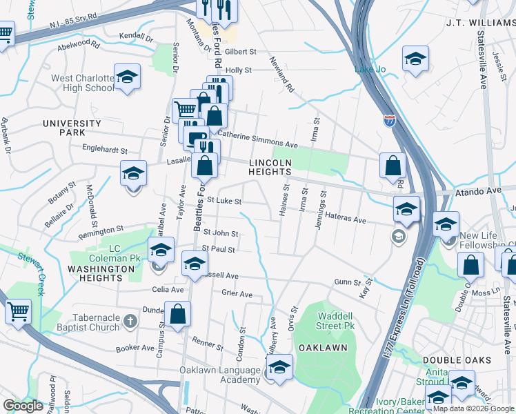 map of restaurants, bars, coffee shops, grocery stores, and more near 1913 Saint Luke Street in Charlotte