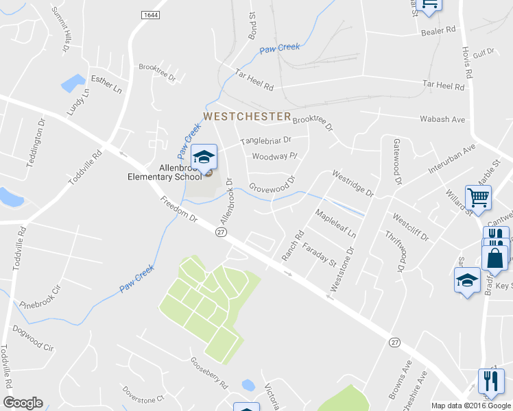 map of restaurants, bars, coffee shops, grocery stores, and more near 4822 Westridge Dr in Charlotte
