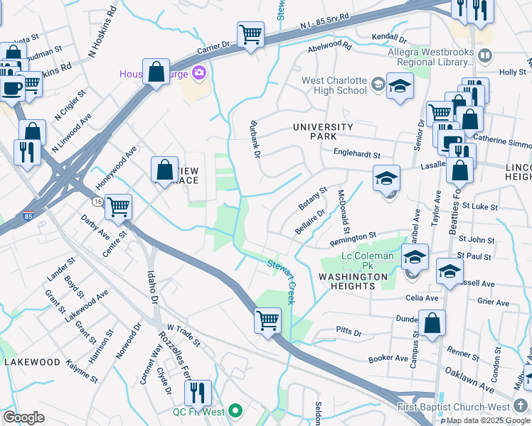 map of restaurants, bars, coffee shops, grocery stores, and more near 3000 Lasalle Street in Charlotte