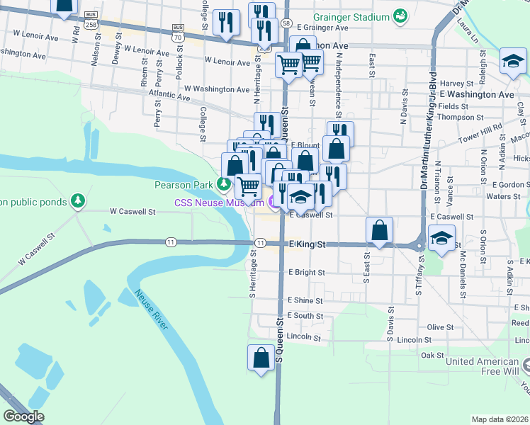 map of restaurants, bars, coffee shops, grocery stores, and more near 102 South Queen Street in Kinston