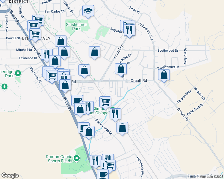 map of restaurants, bars, coffee shops, grocery stores, and more near 1121 Orcutt Road in San Luis Obispo