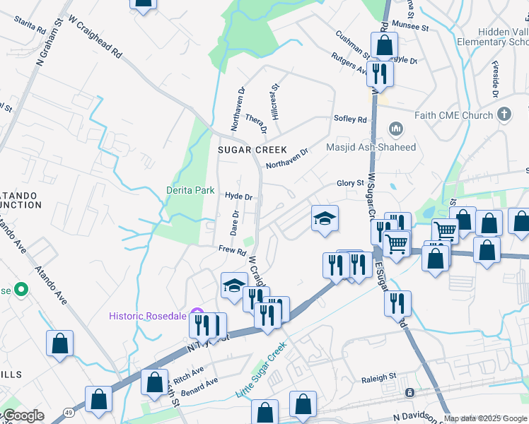 map of restaurants, bars, coffee shops, grocery stores, and more near 424 West Craighead Road in Charlotte