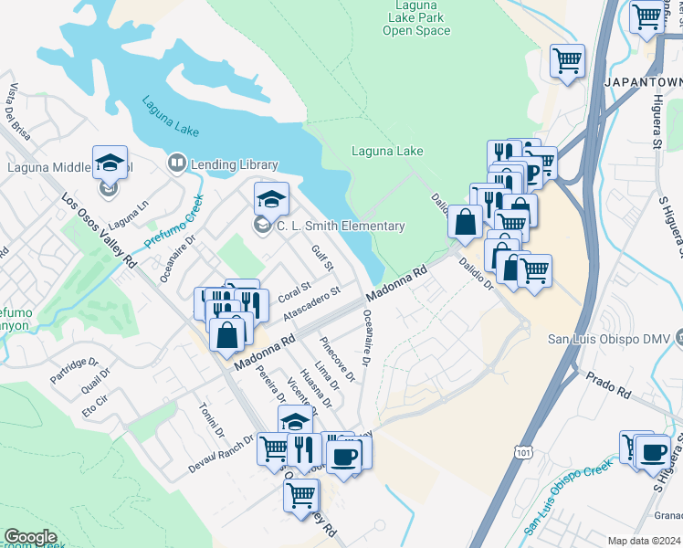 map of restaurants, bars, coffee shops, grocery stores, and more near 1556 Gulf Street in San Luis Obispo