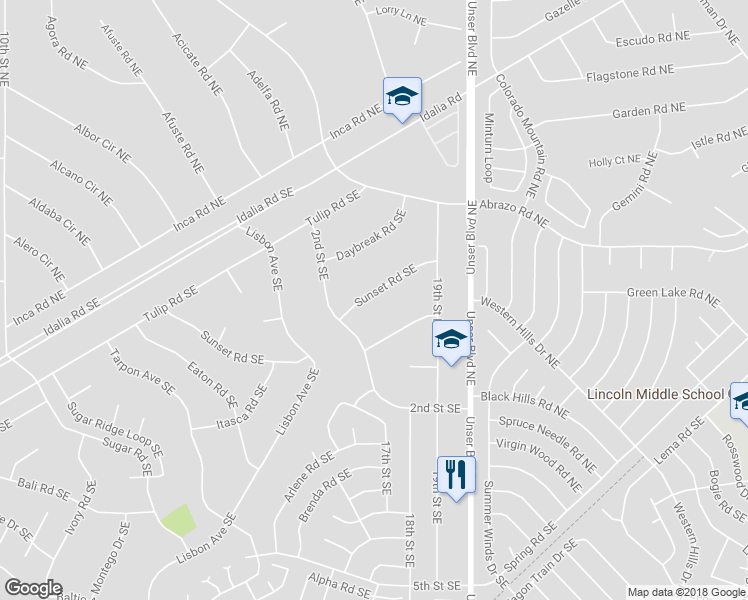 map of restaurants, bars, coffee shops, grocery stores, and more near 1704 Sunset Road Southeast in Rio Rancho