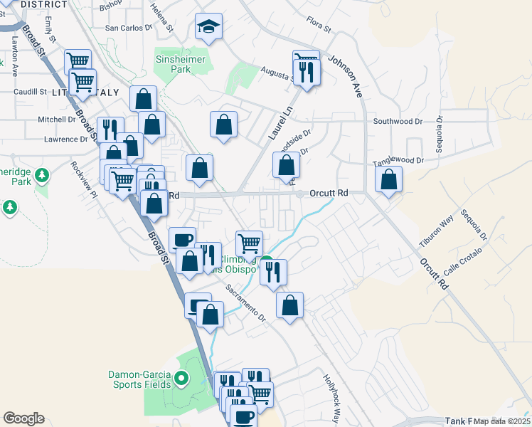 map of restaurants, bars, coffee shops, grocery stores, and more near 1121 Orcutt Road in San Luis Obispo