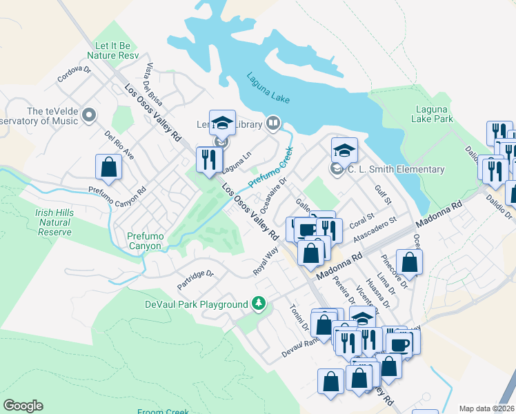 map of restaurants, bars, coffee shops, grocery stores, and more near 32 Los Osos Valley Road in San Luis Obispo
