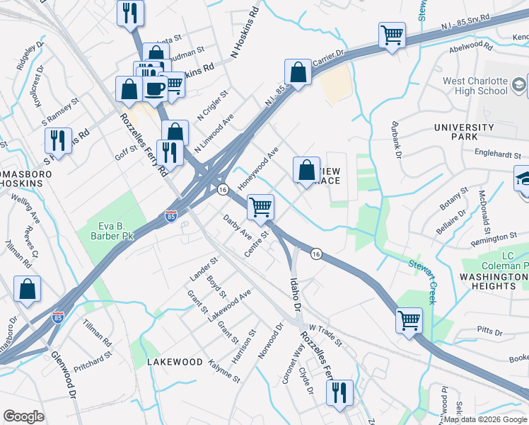 map of restaurants, bars, coffee shops, grocery stores, and more near 200 Nelson Avenue in Charlotte