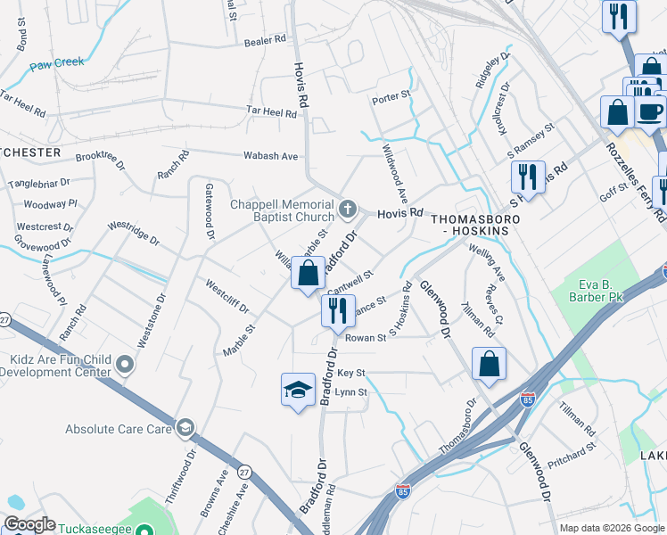 map of restaurants, bars, coffee shops, grocery stores, and more near 4420 Gum Street in Charlotte