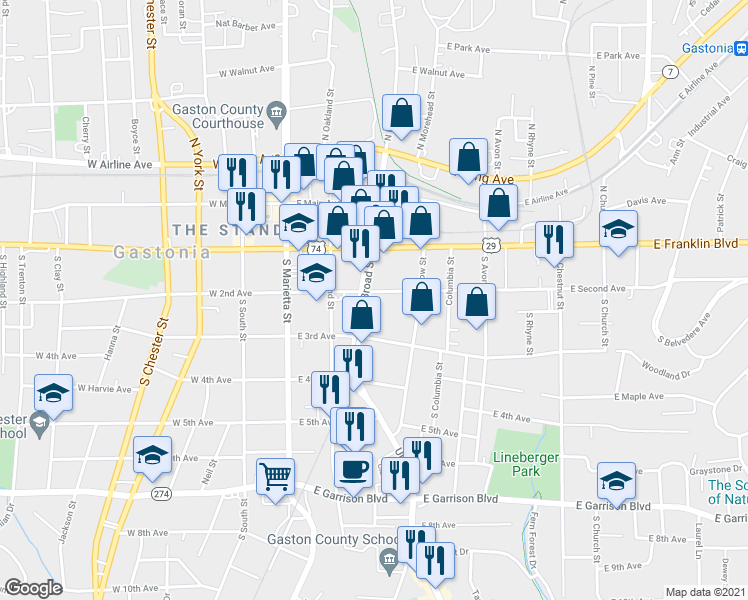 map of restaurants, bars, coffee shops, grocery stores, and more near 306 South Broad Street in Gastonia