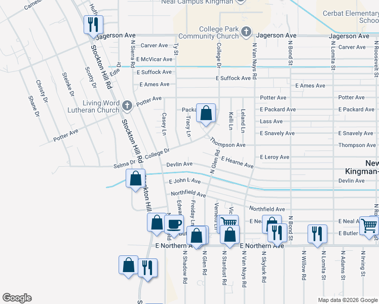 map of restaurants, bars, coffee shops, grocery stores, and more near 1541 Devlin Court in Kingman