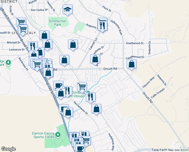 map of restaurants, bars, coffee shops, grocery stores, and more near 1255 Orcutt Road in San Luis Obispo