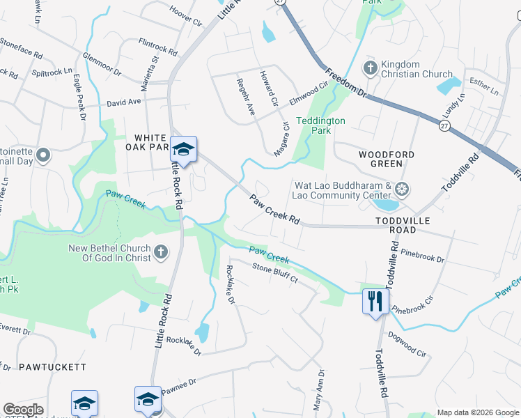 map of restaurants, bars, coffee shops, grocery stores, and more near 6036 Paw Creek Road in Charlotte