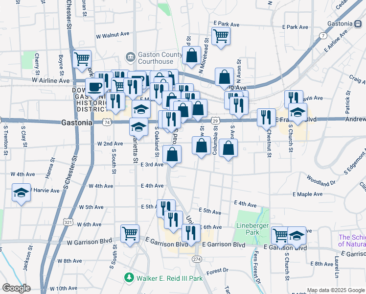 map of restaurants, bars, coffee shops, grocery stores, and more near 319 East Second Avenue in Gastonia