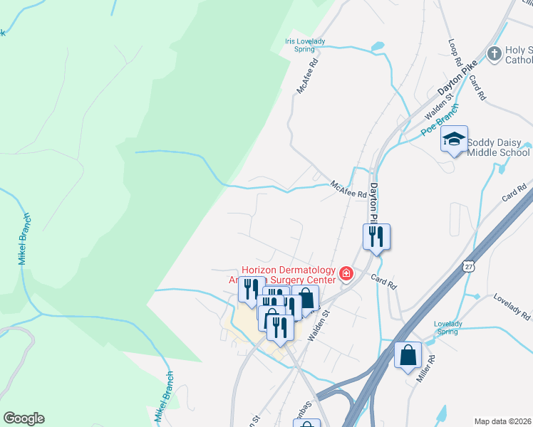 map of restaurants, bars, coffee shops, grocery stores, and more near 239 Cox Lane in Soddy-Daisy
