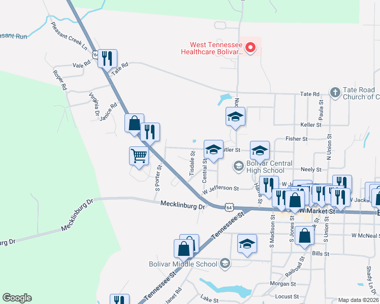 map of restaurants, bars, coffee shops, grocery stores, and more near 321 Central Street in Bolivar