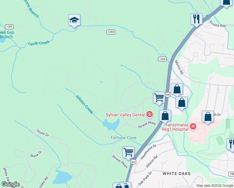map of restaurants, bars, coffee shops, grocery stores, and more near 68 Stone Creek Trail in Brevard