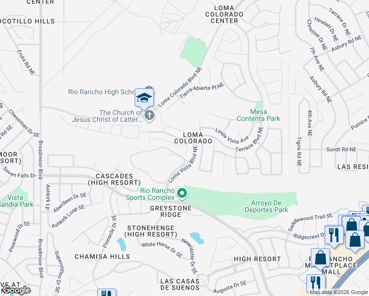 map of restaurants, bars, coffee shops, grocery stores, and more near 3608 Plano Vista Road Northeast in Rio Rancho
