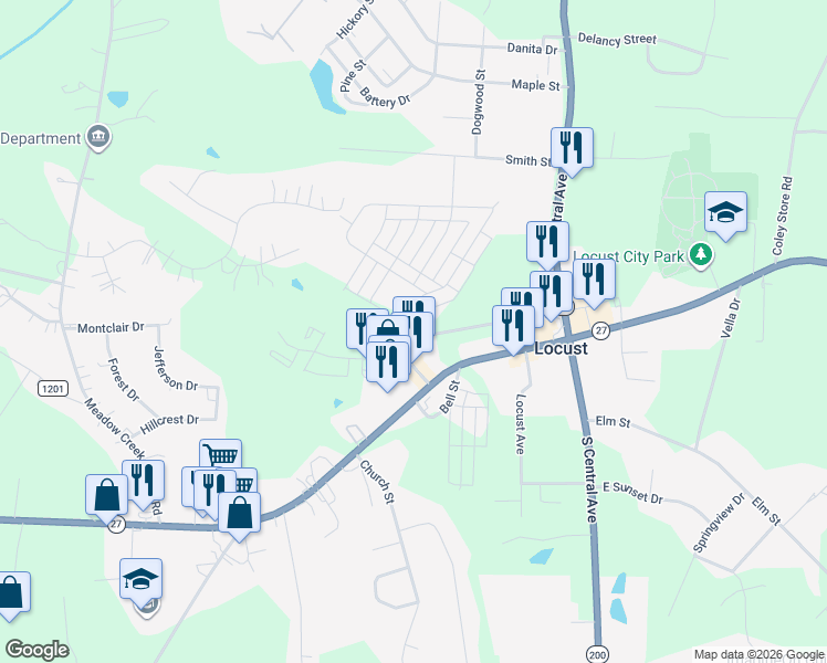 map of restaurants, bars, coffee shops, grocery stores, and more near 248 Market Street in Locust