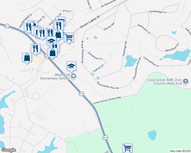 map of restaurants, bars, coffee shops, grocery stores, and more near 142 Hastings Rd in Seven Lakes