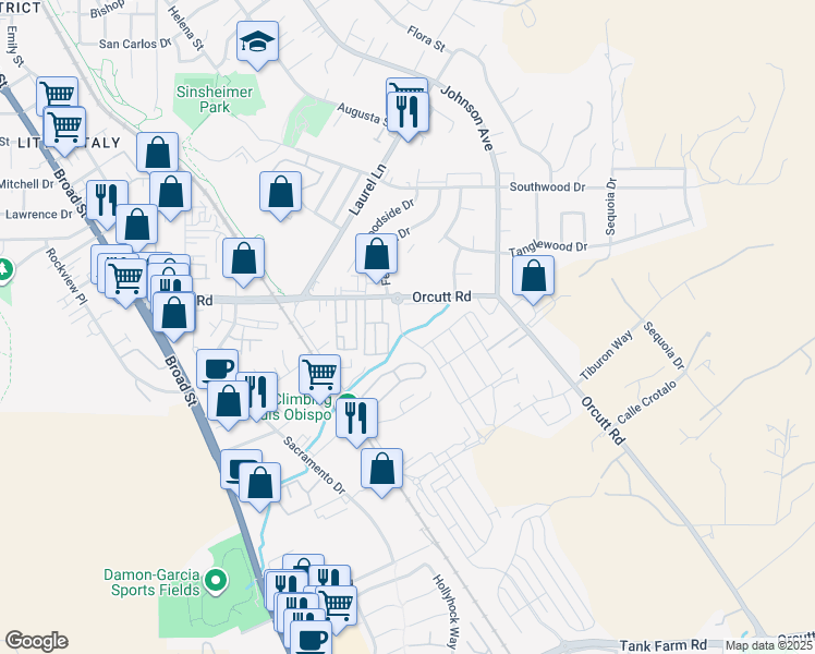 map of restaurants, bars, coffee shops, grocery stores, and more near 1299 Orcutt Road in San Luis Obispo