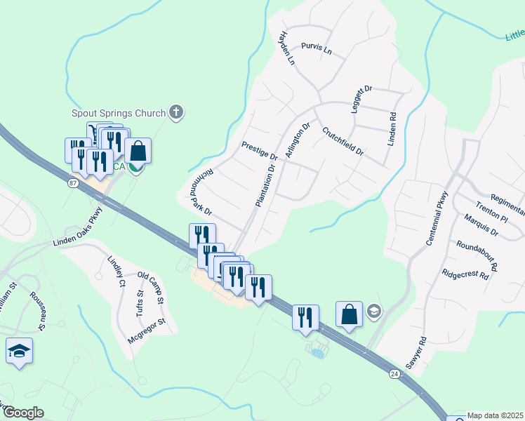 map of restaurants, bars, coffee shops, grocery stores, and more near 127 Arlington Drive in Cameron