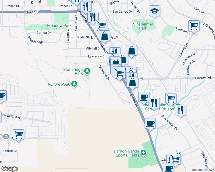 map of restaurants, bars, coffee shops, grocery stores, and more near 3143 Rockview Place in San Luis Obispo