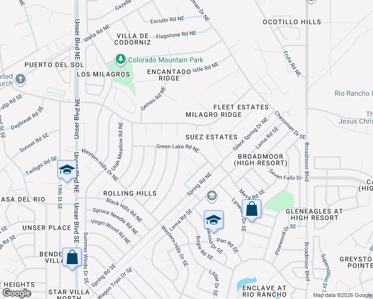 map of restaurants, bars, coffee shops, grocery stores, and more near 124 Arizona Sunset Road Northeast in Rio Rancho