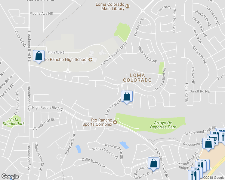 map of restaurants, bars, coffee shops, grocery stores, and more near 3608 Plano Vista Road Northeast in Rio Rancho