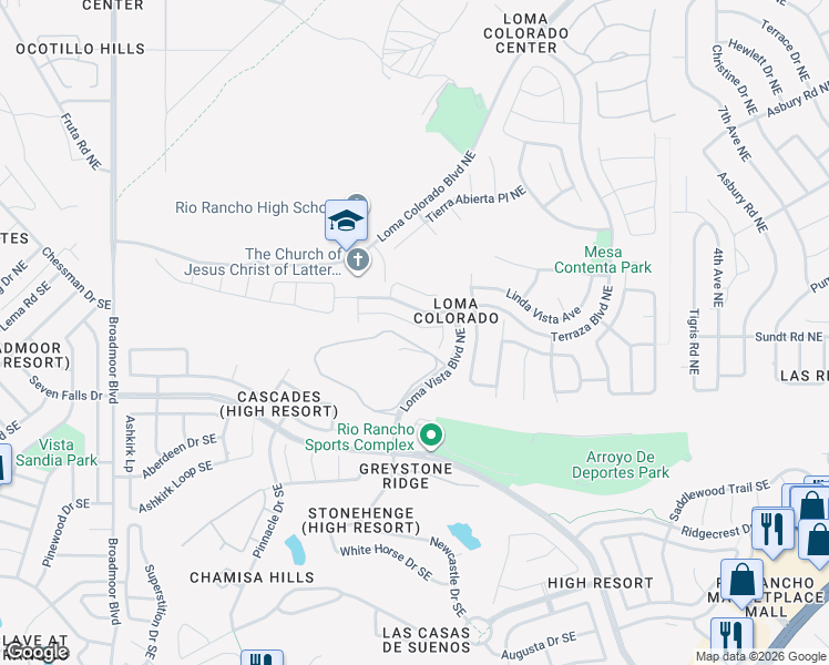 map of restaurants, bars, coffee shops, grocery stores, and more near 3600 Plano Vista Road Northeast in Rio Rancho