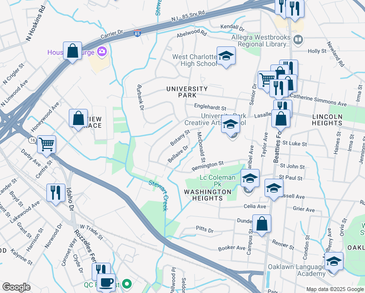 map of restaurants, bars, coffee shops, grocery stores, and more near 2934 Bellaire Dr in Charlotte