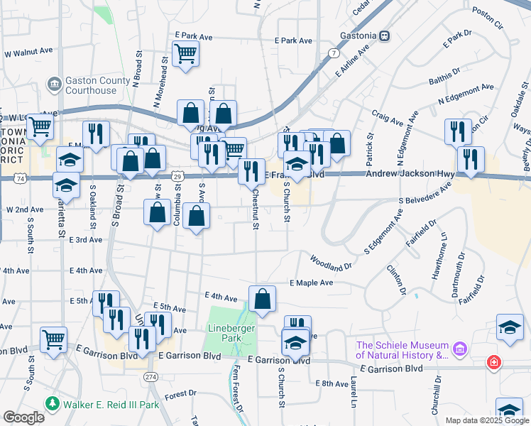 map of restaurants, bars, coffee shops, grocery stores, and more near 807 East Second Avenue in Gastonia