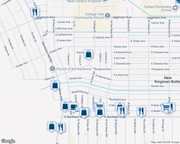 map of restaurants, bars, coffee shops, grocery stores, and more near 1615 Glen Place in Kingman