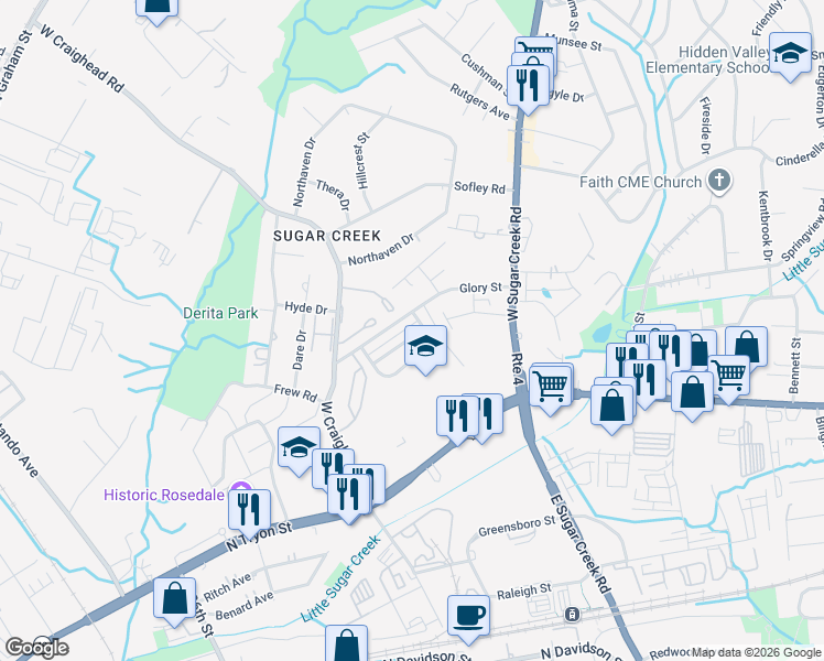map of restaurants, bars, coffee shops, grocery stores, and more near 3959 Damask Drive in Charlotte