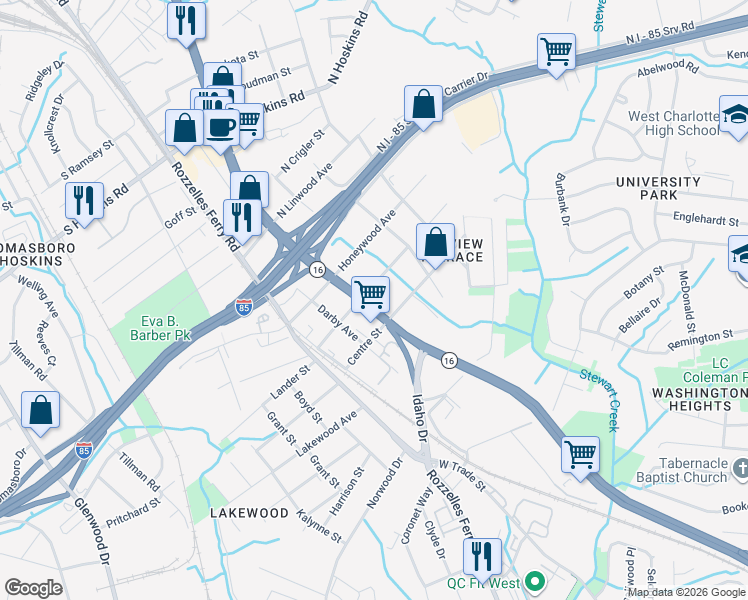 map of restaurants, bars, coffee shops, grocery stores, and more near 200 Nelson Avenue in Charlotte