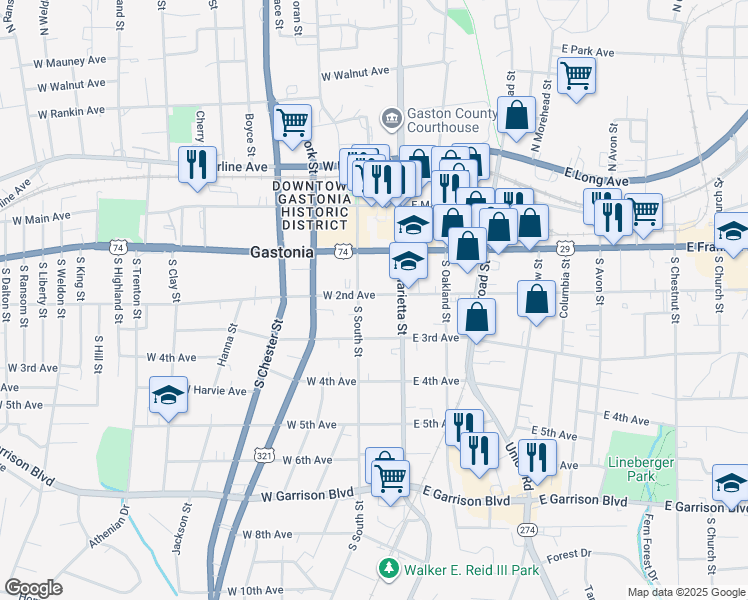 map of restaurants, bars, coffee shops, grocery stores, and more near 113 West 2nd Avenue in Gastonia