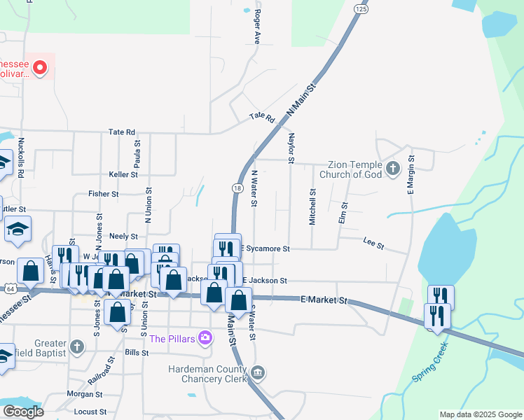 map of restaurants, bars, coffee shops, grocery stores, and more near 508 North Water Street in Bolivar
