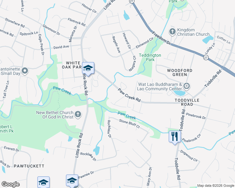 map of restaurants, bars, coffee shops, grocery stores, and more near 6036 Paw Creek Road in Charlotte