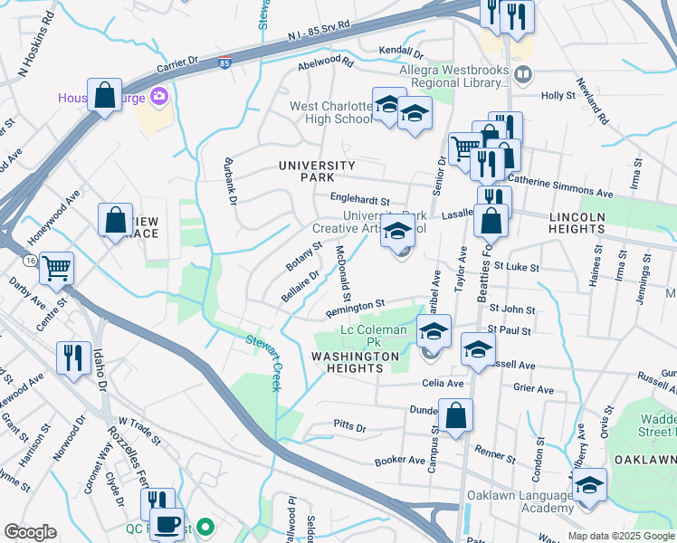 map of restaurants, bars, coffee shops, grocery stores, and more near 1811 McDonald Street in Charlotte