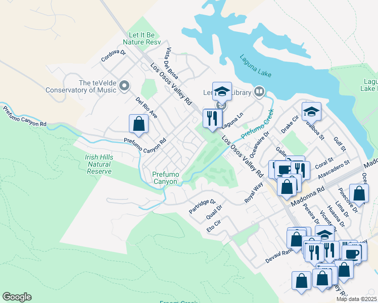 map of restaurants, bars, coffee shops, grocery stores, and more near 1037 Karen Drive in San Luis Obispo
