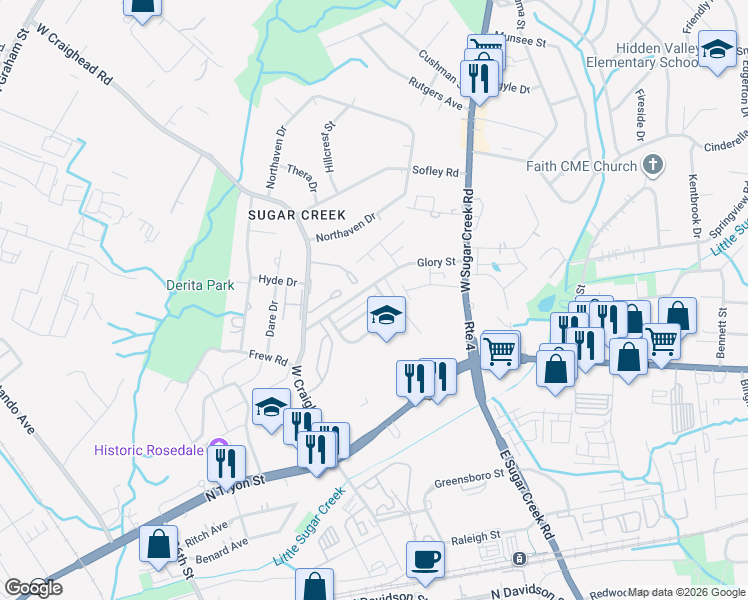 map of restaurants, bars, coffee shops, grocery stores, and more near 3959 Damask Drive in Charlotte