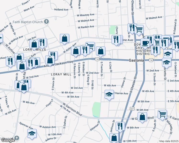 map of restaurants, bars, coffee shops, grocery stores, and more near 810 West 2nd Avenue in Gastonia